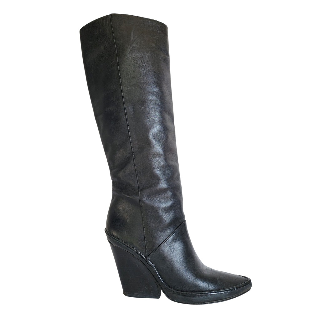 Tory Burch Black Leather Pointed Toe Wedge Knee High Tall Boots 8.5
